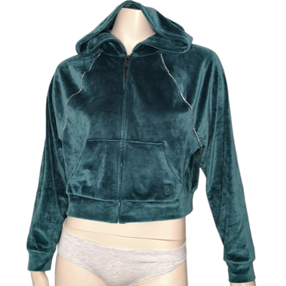 Victoria's Secret On Point Diamante Luxe Velour Crop Hoodie Teal Green Small